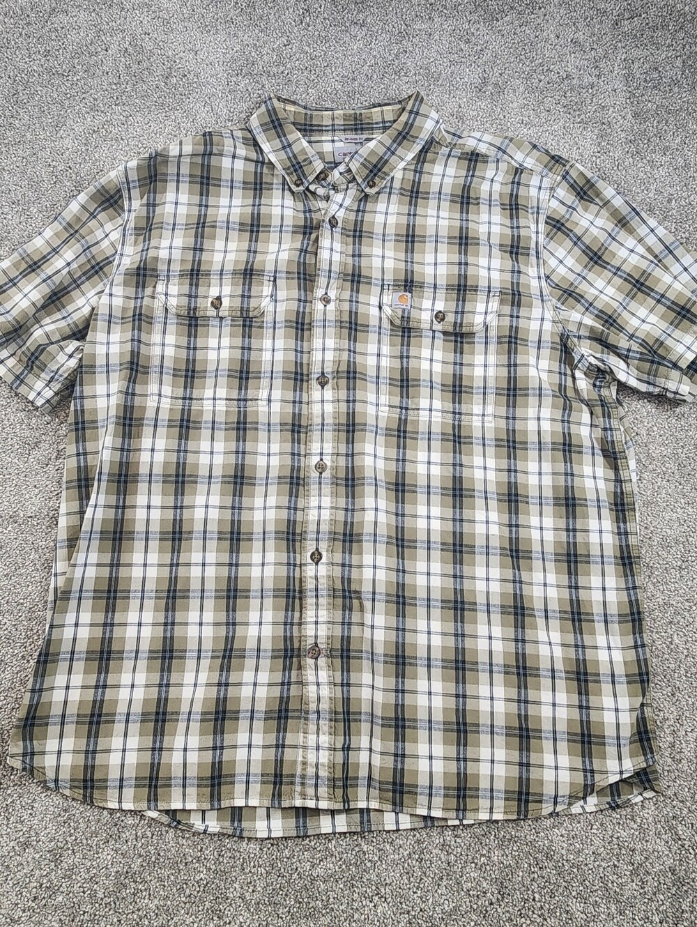 Carhartt Mens Relaxed Fit Plaid Button Up Shirt 2XL Tan Short Sleeve